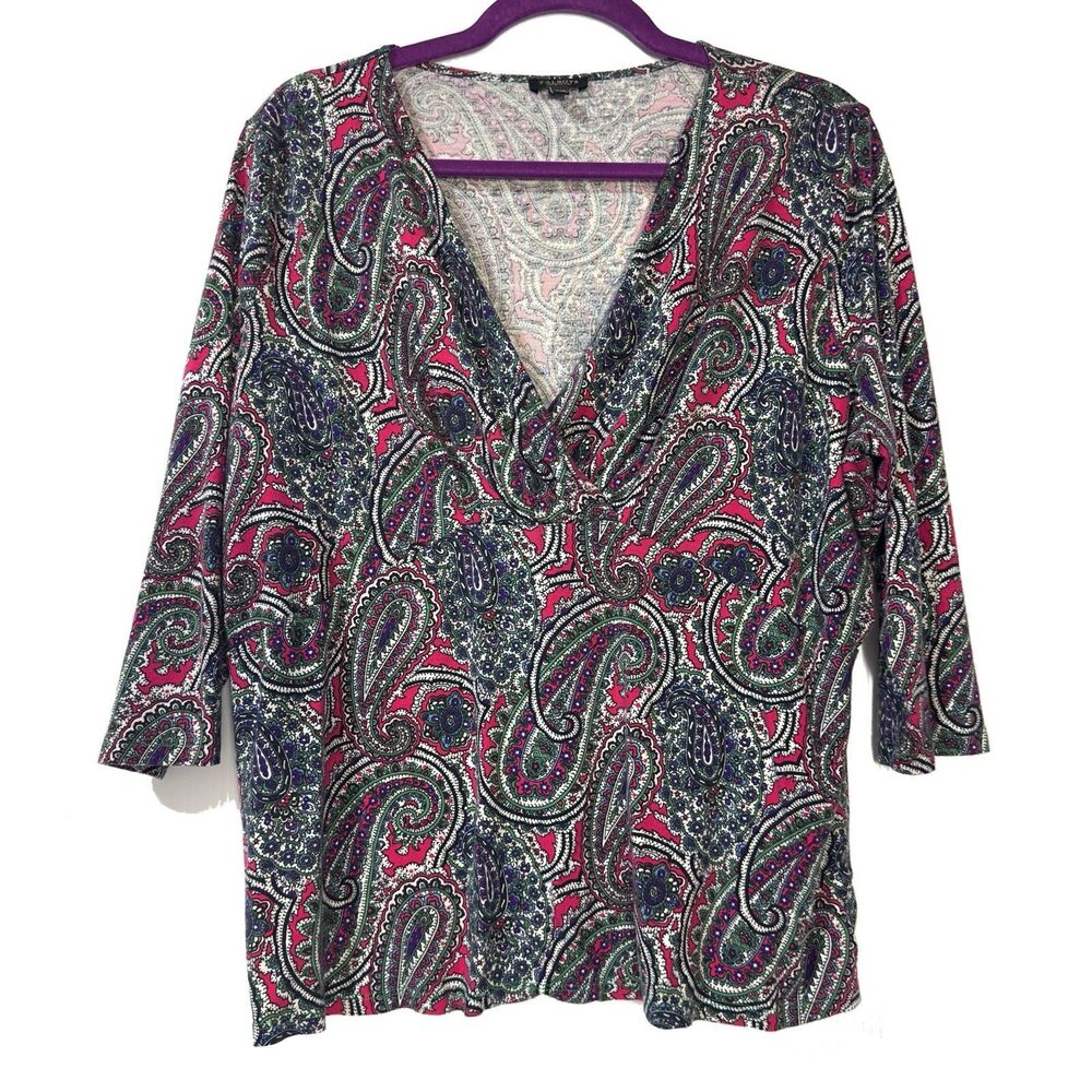 Talbots Paisley Print Top Size 2X P Petite 3/4 Sleeve V-Neck
